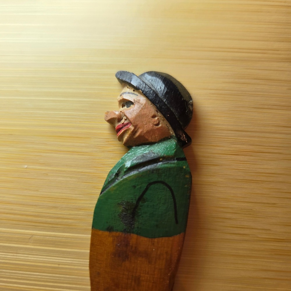 Vintage Hand Carved Wood Man Figurine Clothespin Folk Art Green Yellow Black